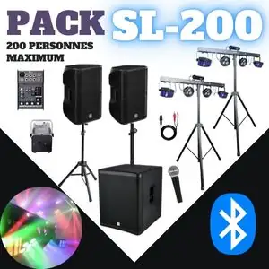 Pack de location pour anniversaire avec sonorisation, lumières, machine à fumée et micro pour 200 personnes